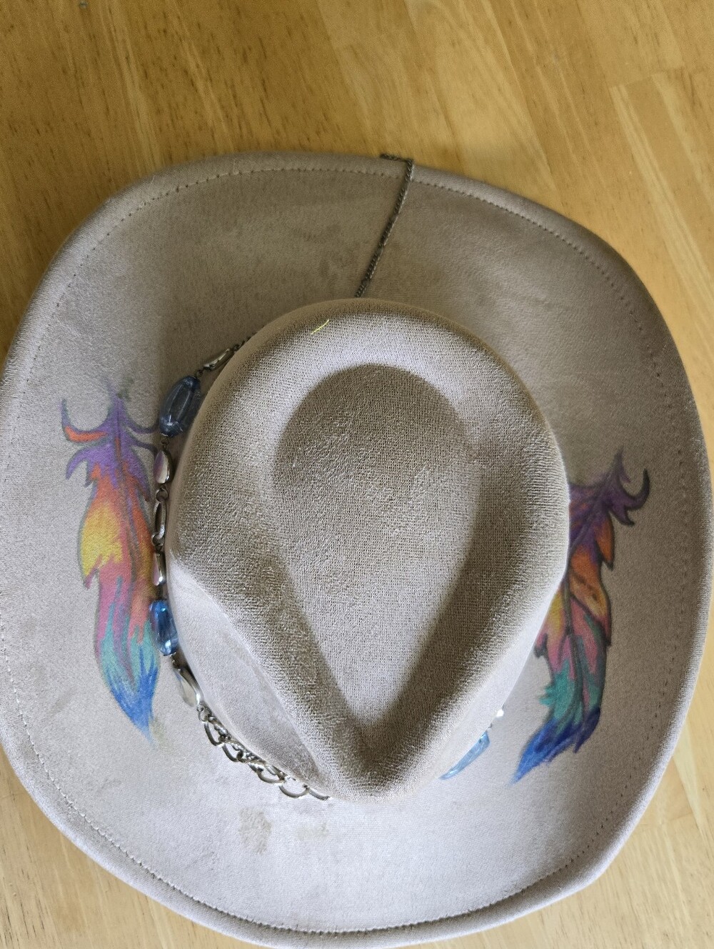 Hand Painted Faux Suede Cowboy Hat with Decorative Band and Feather Artwork